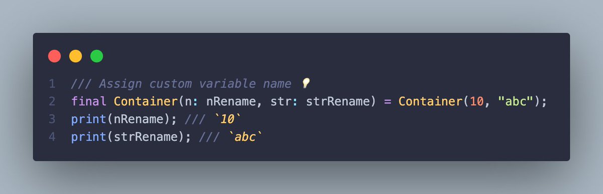 SandroMaglione's tweet photo. 💡 Dart tip 💡

Did you know dart supports destructuring classes? 🪄

Class name + `:` followed by property name 

Patterns are powerful 🔥 https://t.co/tUckgmVFnj