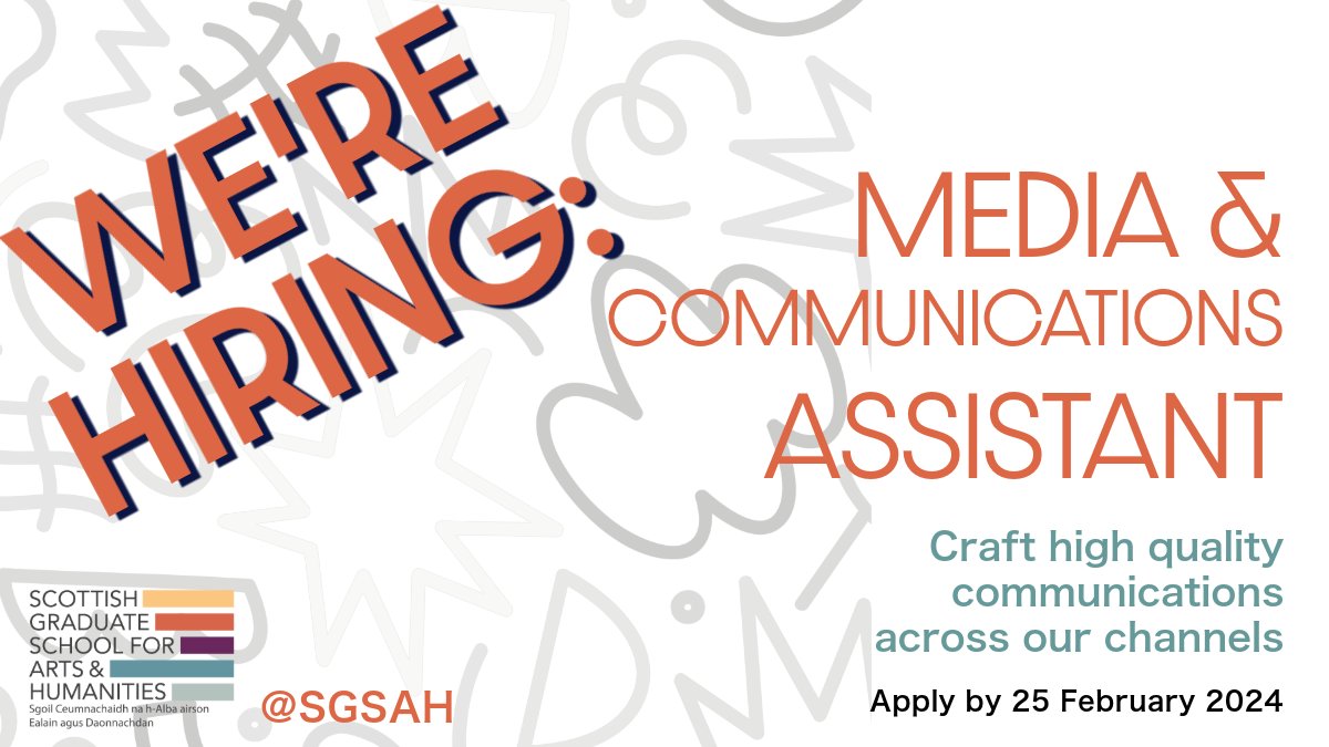 Another role within our friendly <a href="/SGSAH/">SGSAH</a> team is open for applications!

Media &amp; Communications Assistant
Closing date 25 Feb.

Work on the front line of promotional activities and contribute to our wider comms function. 

sgsah.ac.uk/news/headline_…