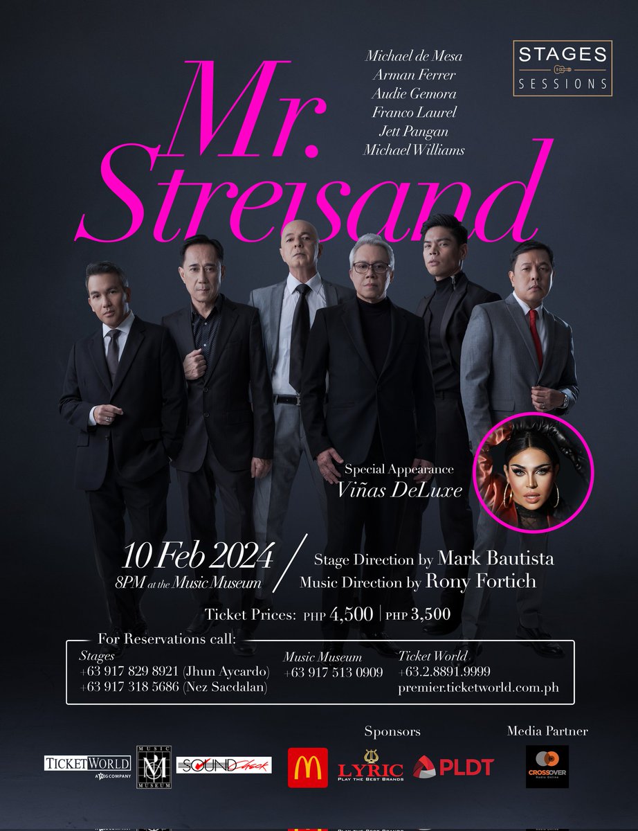 Barbra's classic hits reimagined by Philippine musical theatre's foremost leading men, directed by Mark Bautista, with musical direction by Rony Fortich, and a special appearance from Viñas DeLuxe! Save the date and see you at #MrStreisand this Feb 10, at the Music Museum!