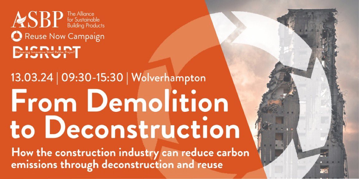 asbp_uk's tweet photo. The next event in our #ReUseNow campaign is in-person in Wolverhampton on 13 March 2024 @ 9:30-15:30 https://t.co/UIV1QFeAki
Join us for discussions on the hurdles and untapped opportunities of building materials reuse - from the point of view of demolition and deconstruction. https://t.co/HuWdQWsooa