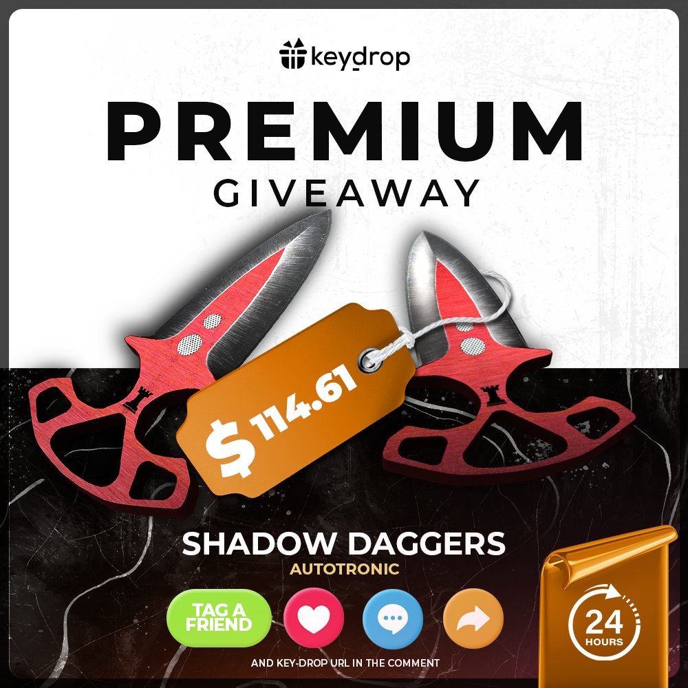 Giveaway on Shadow Daggers | Autotronic 🎁

👊 Just leave ❤️ under the post!
🤝 Follow us!
🔁 Retweet!

⚠️ Tag a Friend! ⚠️

⏰ Wait 24 hours!

#freeskins #csgoskinsgiveaway #csgoskinsfree #giveaway #csgocommunity #csgoesport #skins #csgoskins #keydrop #keydropcom