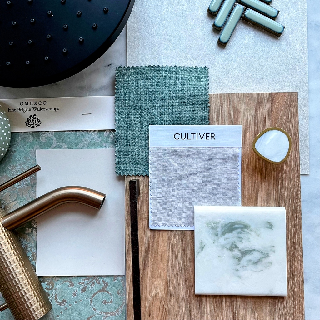 This mood board is the perfect touch of sage green partnered with soft beige hues and rustic wood features. The gold metal accents really elevate the design and bring the morning dew green marble to life.⁠
⁠
#interiordesignideas #interiordesigner #bathroomdecor #luxury