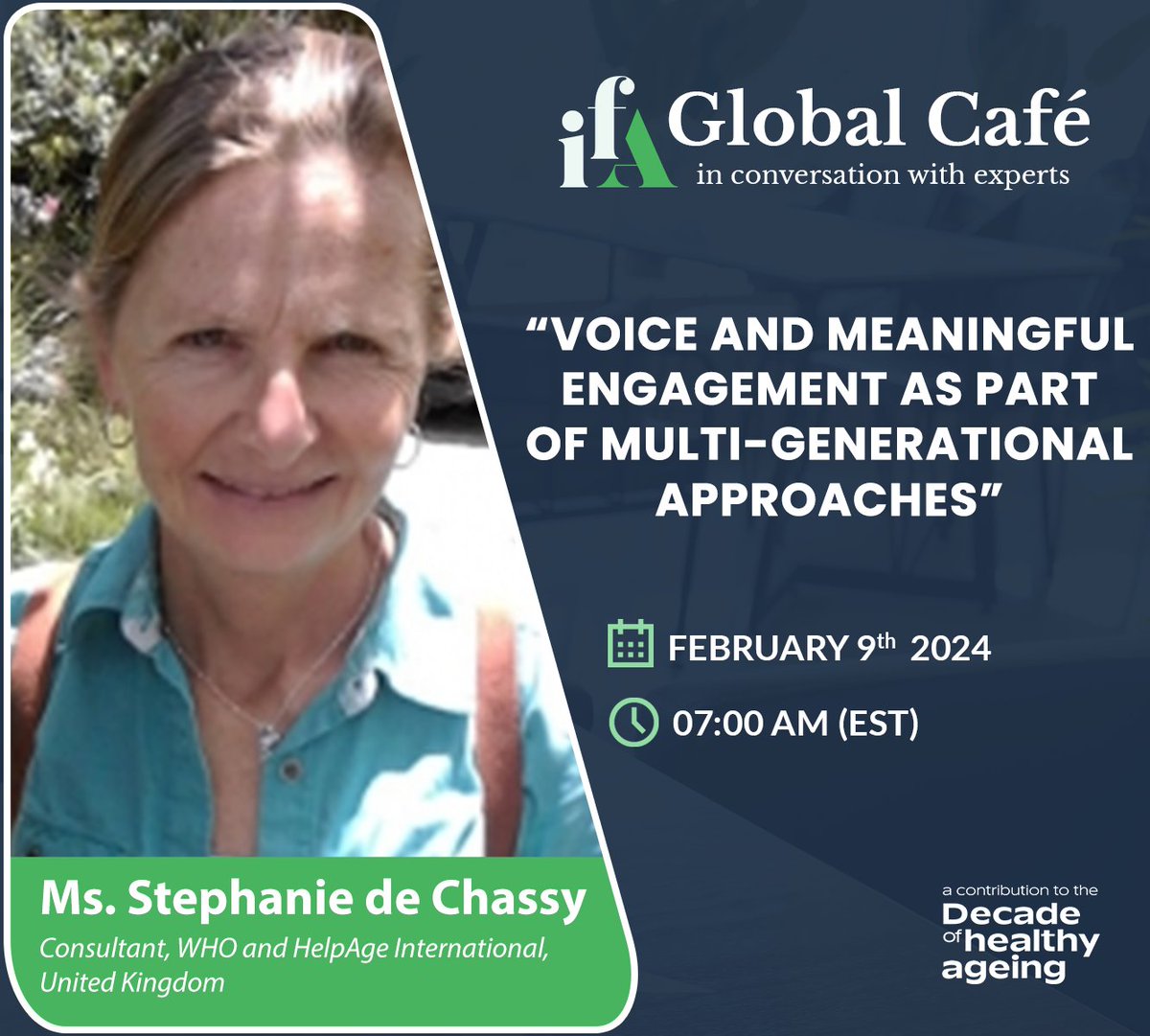 Tomorrow's IFA #GlobalCafé, Ms. Stephanie de Chassy will lead a discussion on the topic of 'Voice and meaningful engagement as part of multi-generational approaches'. Register now: ow.ly/CQf950QxcX7 #IFA #HealthyAgeing #agefriendly