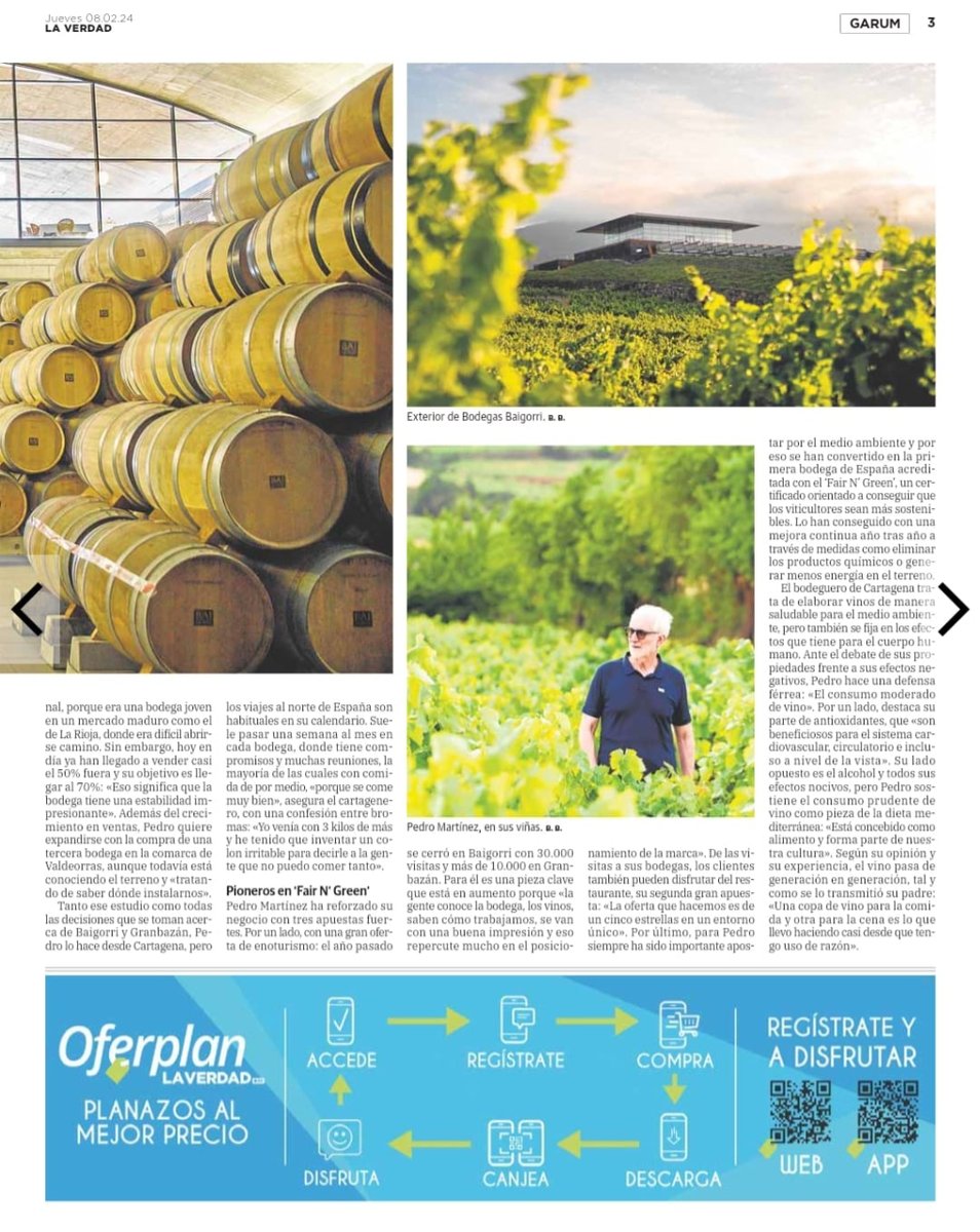 BodegasBaigorri's tweet photo. Hoy, el diario La Verdad nos dedica un interesa reportaje donde repasamos toda la actualidad de BAIGORRI de la mano de Pedro Martínez, propietario de Baigorri y  Bodegas Granbazán.

https://t.co/vdilXuAfz0 https://t.co/Ei0Tla50o3