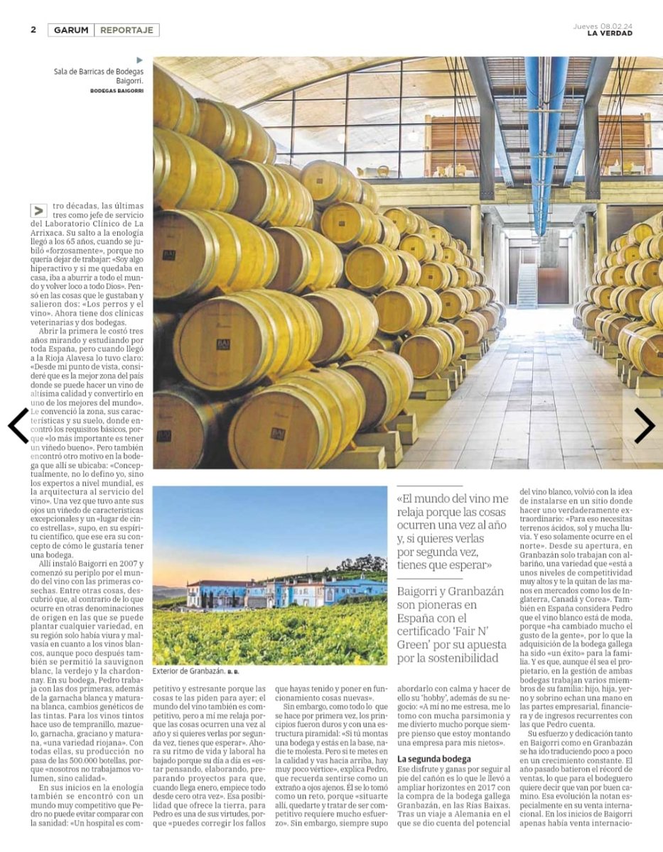 BodegasBaigorri's tweet photo. Hoy, el diario La Verdad nos dedica un interesa reportaje donde repasamos toda la actualidad de BAIGORRI de la mano de Pedro Martínez, propietario de Baigorri y  Bodegas Granbazán.

https://t.co/vdilXuAfz0 https://t.co/Ei0Tla50o3