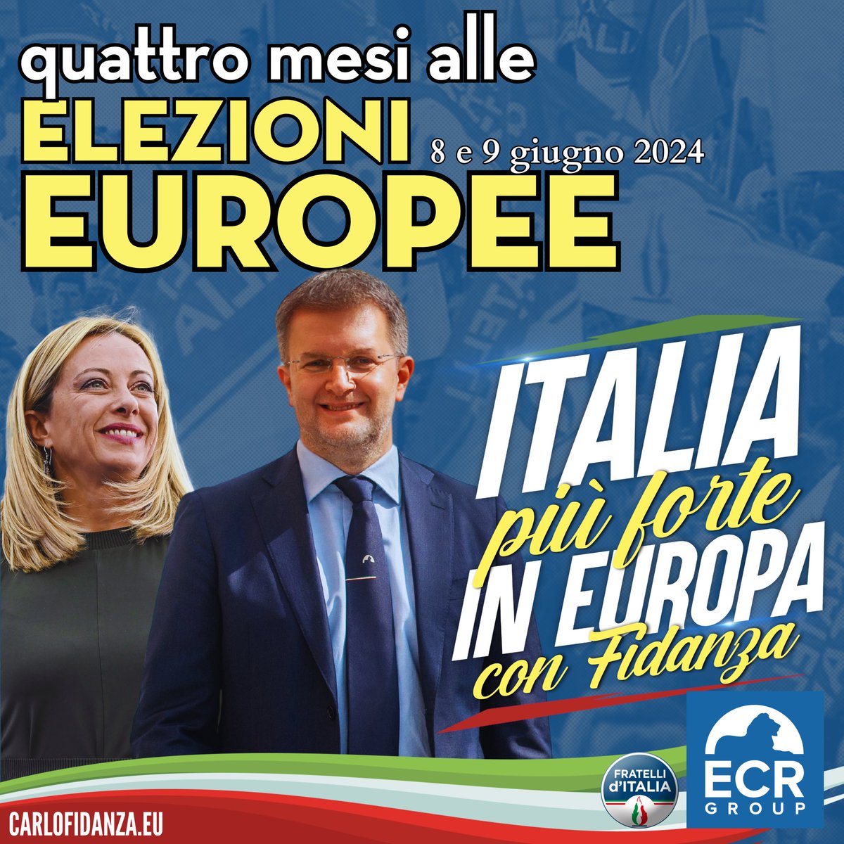 FidanzaCarlo's tweet photo. 🔵 QUATTRO MESI ALLE ELEZIONI EUROPEE!

L'8 e 9 giugno l'Europa sarà di fronte ad un bivio: rimanere inchiodata alle politiche ultra-ideologiche di una sinistra che ha massacrato famiglie, lavoratori e imprese e aperto le porte al pensiero unico woke e alla retorica immigrazionista; oppure cambiare rotta e ripartire dai valori che oggi guidano l'Italia di @GiorgiaMeloni .

Pragmatismo, difesa delle identità, valorizzazione delle tradizioni, tutela delle eccellenze e delle sovranità nazionali, rilancio del lavoro e sostegno alla famiglia e alla natalità. Un'Europa più forte nel mondo, un'Italia più forte in Europa. Noi siamo pronti. E voi?

#fratelliditalia #giorgiameloni #conservatori #carlofidanza
