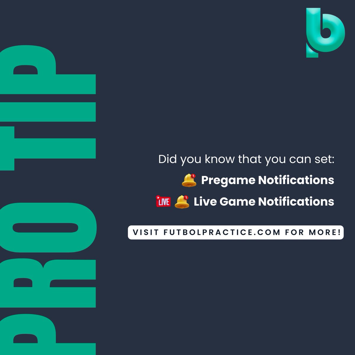 𝗙𝗼𝗼𝘁𝗯𝗮𝗹𝗹 𝗔𝗹𝗲𝗿𝘁𝘀 𝗮𝗻𝗱 𝗻𝗼𝘁𝗶𝗳𝗶𝗰𝗮𝘁𝗶𝗼𝗻𝘀
Did you know that you can create alerts for sports books odds range, value bets and more?
Once your alert triggers you’ll receive a notification via mobile, Telegram or Email.

Visit www./futbolpractice.com for more!