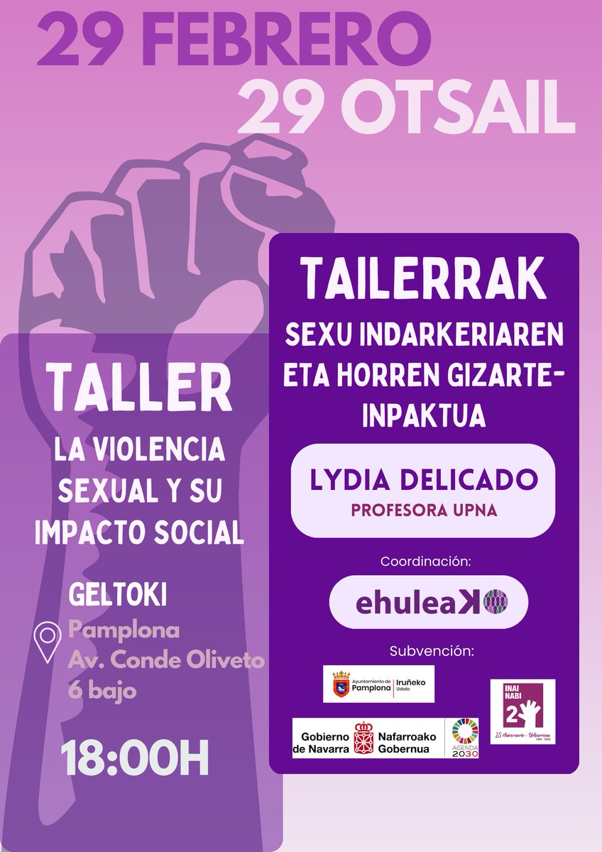 ¡Únete a nosotros en nuestro taller gratuito de violencia sexual y su impacto social!
🌟 Fecha: Jueves 29 de febrero
🕒 Hora: 18:00 p.m.
📍 Lugar: Geltoki- Pamplona. Av. Conde Oliveto 6 bajo. 
Contaremos con la presencia de Lydia Delicado, profesora de la UPNA 
#ViolenciaSexual
