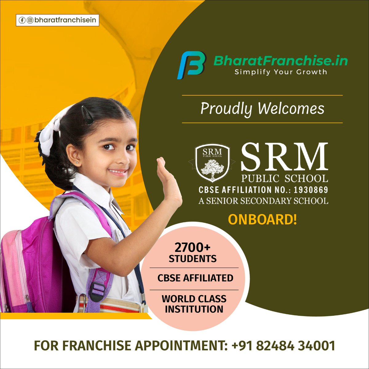 We're delighted to announce that Bharat Franchise has partnered with SRM Public School! With 2700+ students and CBSE affiliation, SRM Public School is committed to providing a world-class education. Join us in welcoming them aboard!

#BharatFranchise #SRMPublicSchool #CBSE
