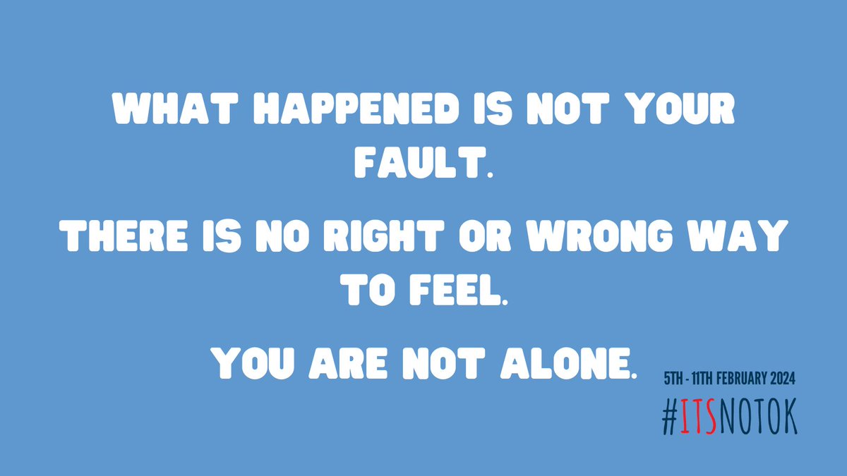 Remember:
💙What happened is not your fault.
💙There is no right or wrong way to feel.
💙You are not alone. 

We're here to support you 💙

#ItsNotOk #SASVAW24 #SupportSurvivors