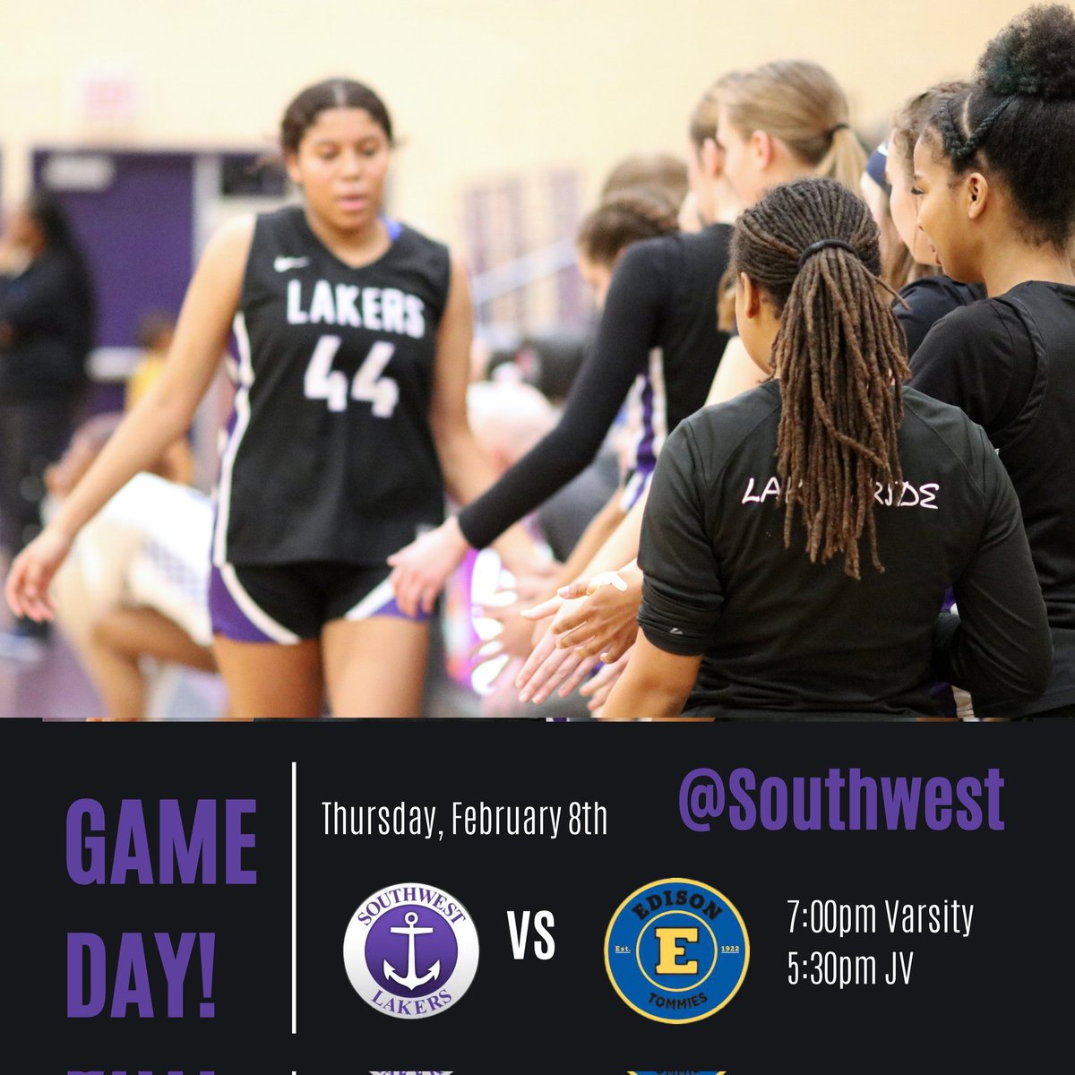 ⚠️ GAME DAY ⚠️ vs Edison at home tonight! 🏀  JV 5:30, Varsity 7:00 🏀
#lakernation #golakers⚓️ 💜🤍