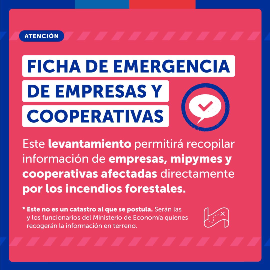 📌 Desde este jueves comenzará el levantamiento de la Ficha de Emergencia de Empresas y Cooperativas afectadas por los incendios forestales. Esta información será un insumo clave en el diseño del Plan de Recuperación Económica, que será acorde a las necesidades locales.