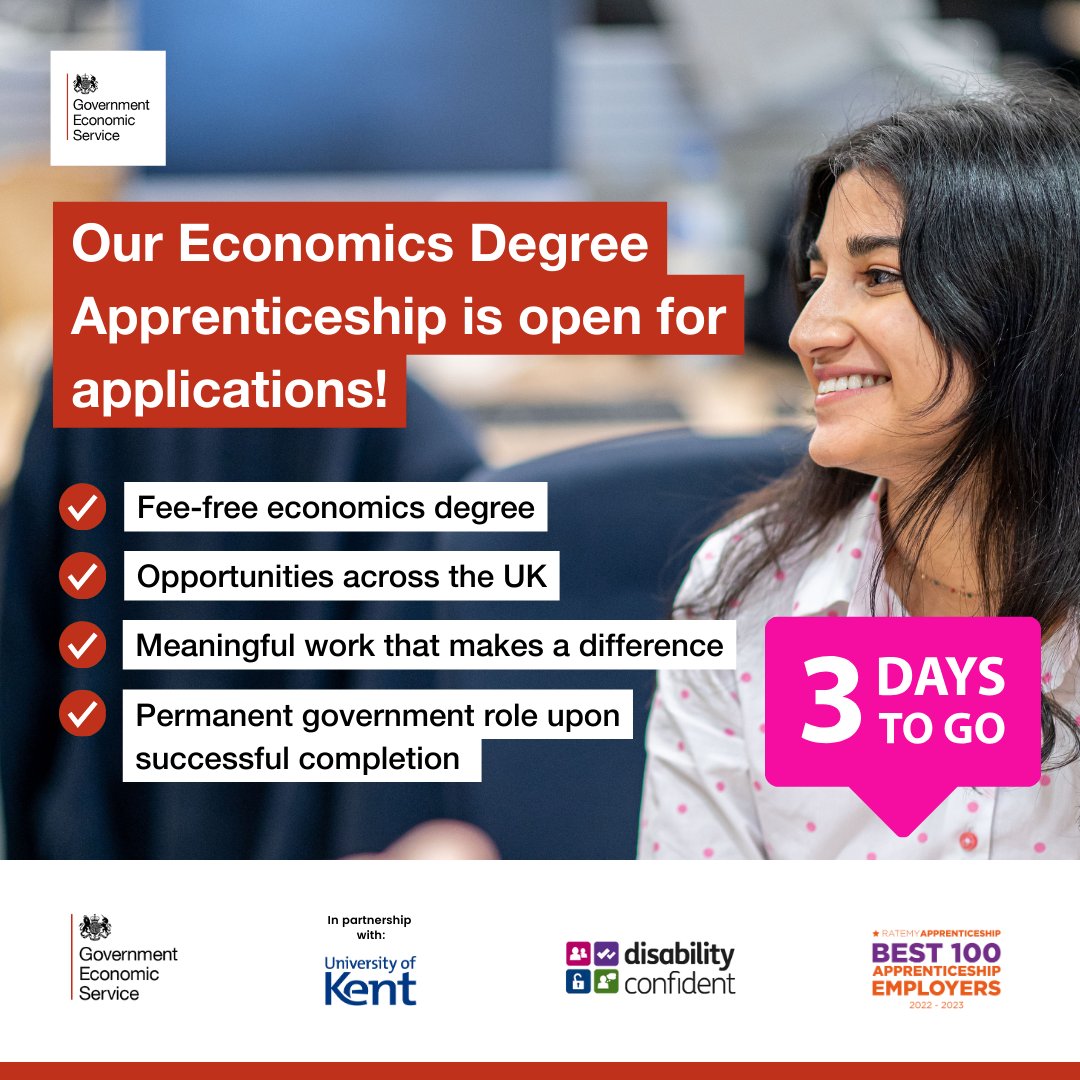 Three days left to apply for our Economics Degree Apprenticeship scheme! If you want a: ⭐ fee-free economics degree ⭐ paid role in a government department Then this could be just the opportunity for you! Apply before 12 February! bit.ly/ges_dap