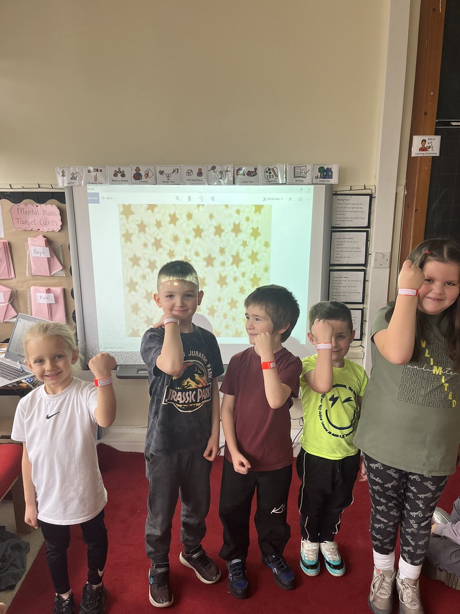 StKennethsRCPS's tweet photo. Our P2a class are celebrating their recognition wristbands of the day so far for super effort and trying our best in our learning ๐๐คฉ We love to share these with our families too! @pauldixtweets #positiverecognition https://t.co/ohJvbZCrpK