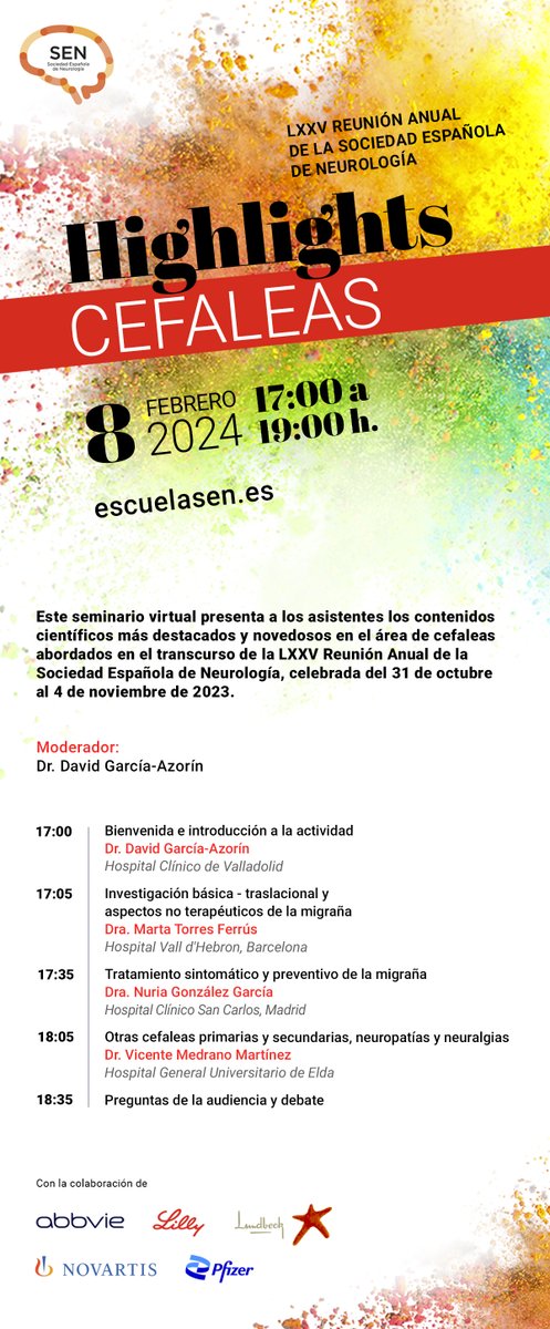 SenProyectos's tweet photo. Esta tarde a las 17.00h (CET) os esperamos en https://t.co/YRCukyh4lp. Aquí emitimos los #highlightsSEN de #cefaleas.
Con créditos FC SEN para los especialistas que se conecten al directo.
Colaboran @pfizer_spain @NovartisSpain @LillyES @LundbeckES @AbbVie_ES https://t.co/R8eWnRJ0UY