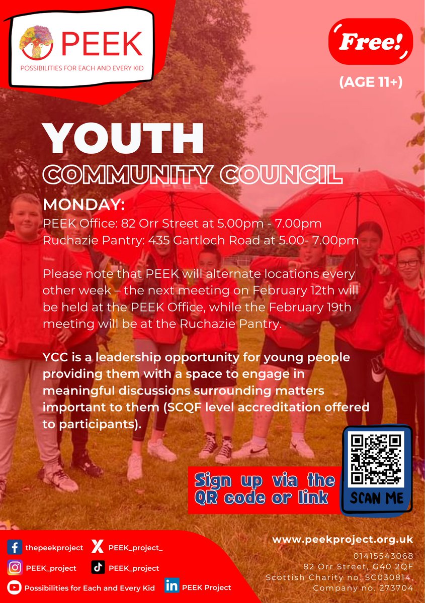 ✨ We’ve got exciting news about Youth Community Council, we’ll now be based in Ruchaize too.

Join us as we alternate locations each week. This Monday, find us at the PEEK Office, and on Monday, February 19th, we'll meet at Ruchazie. 

Sign up now - forms.office.com/e/BR8ykvgyq1
