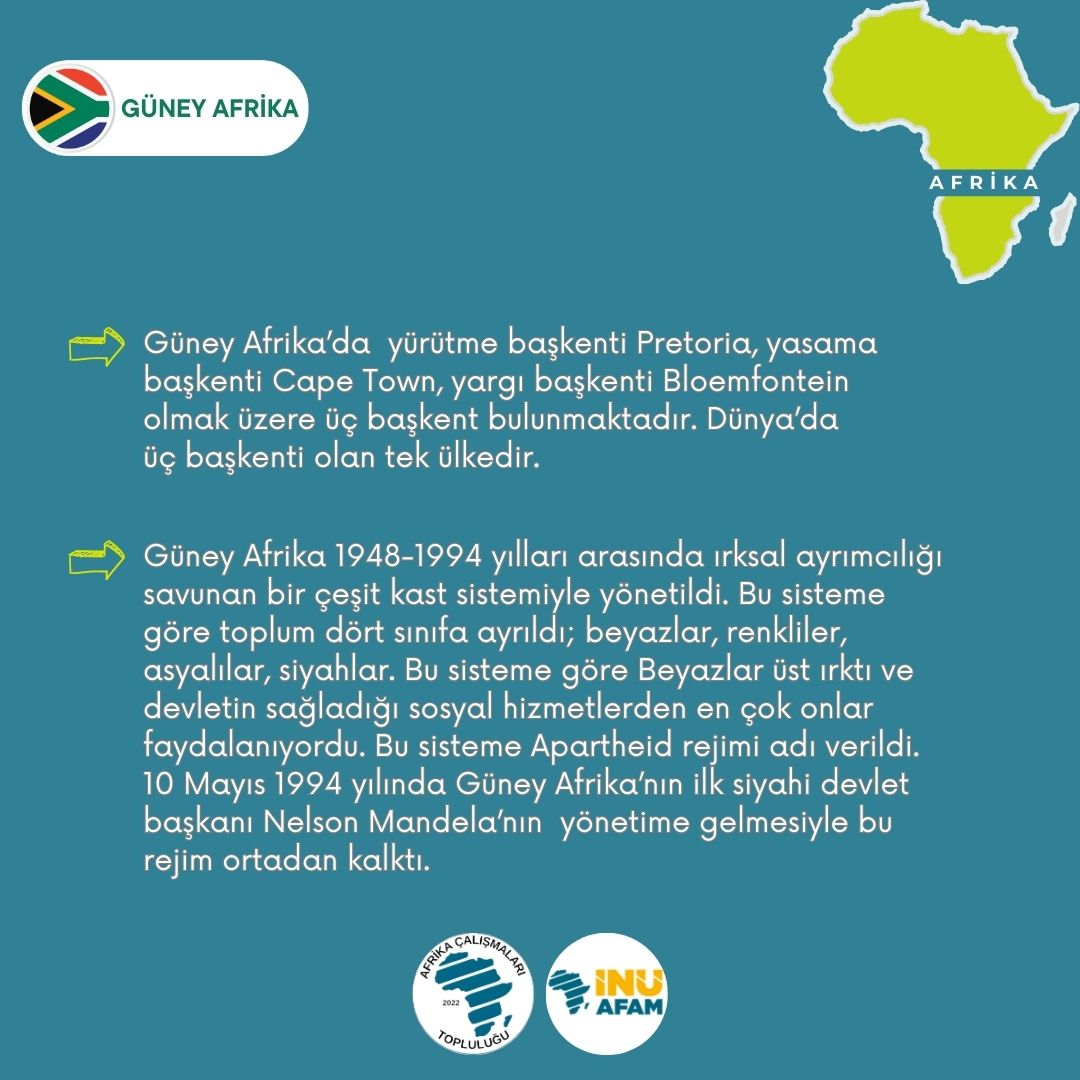 🌍 'Ülke Ülke #Afrika' serimizde Güney Afrika bölgesinden #GüneyAfrika 🇿🇦 ülkesini tanıttık. 

Bir sonraki ülkede görüşmek üzere...
#güneyafrika #africa #afrikaçalışmaları #afrikakıtası #afrika #southafrica #african #africastudies  #inönüüniversitesi