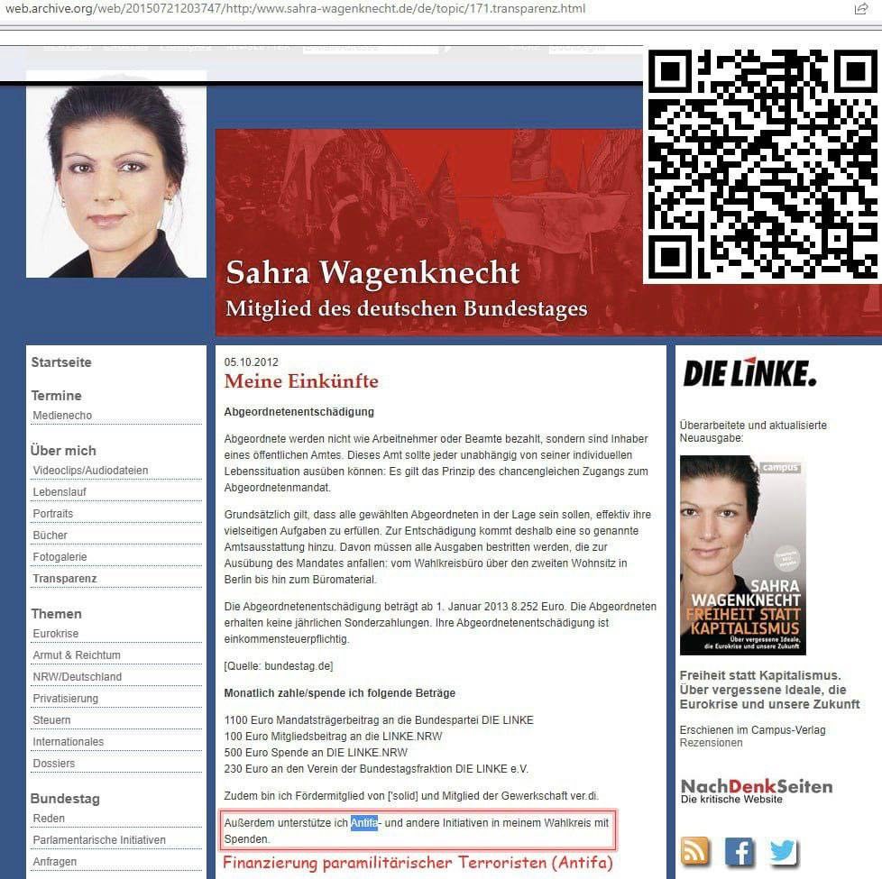 klohse2's tweet photo. Wagenknecht spendet laut eigener Website an die Antifa, wobei sie den genauen Betrag unter Verschluss hält.

Bleibt immer Aufmerksam und lasst euch nicht verarschen. https://t.co/WIbnwPnpjt