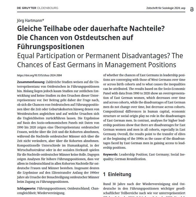 Academy of Sociology - Akademie für Soziologie (@akadsoz) on Twitter photo Soziale Ungleichheit:
Warum sind Ostdeutsche bei Führungspositionen benachteiligt? Jörg Hartmann <a href="/UniLeipzig/">UNIVERSITÄT LEIPZIG</a> zeigt mit #SOEP Daten, dass der Elitentransfer nach 1990 v.a. bei höheren Positionen auch heute noch zu geringeren Chancen Ostdeutscher führt.
degruyter.com/document/doi/1… Soziale Ungleichheit:
Warum sind Ostdeutsche bei Führungspositionen benachteiligt? Jörg Hartmann <a href="/UniLeipzig/">UNIVERSITÄT LEIPZIG</a> zeigt mit #SOEP Daten, dass der Elitentransfer nach 1990 v.a. bei höheren Positionen auch heute noch zu geringeren Chancen Ostdeutscher führt.
degruyter.com/document/doi/1…