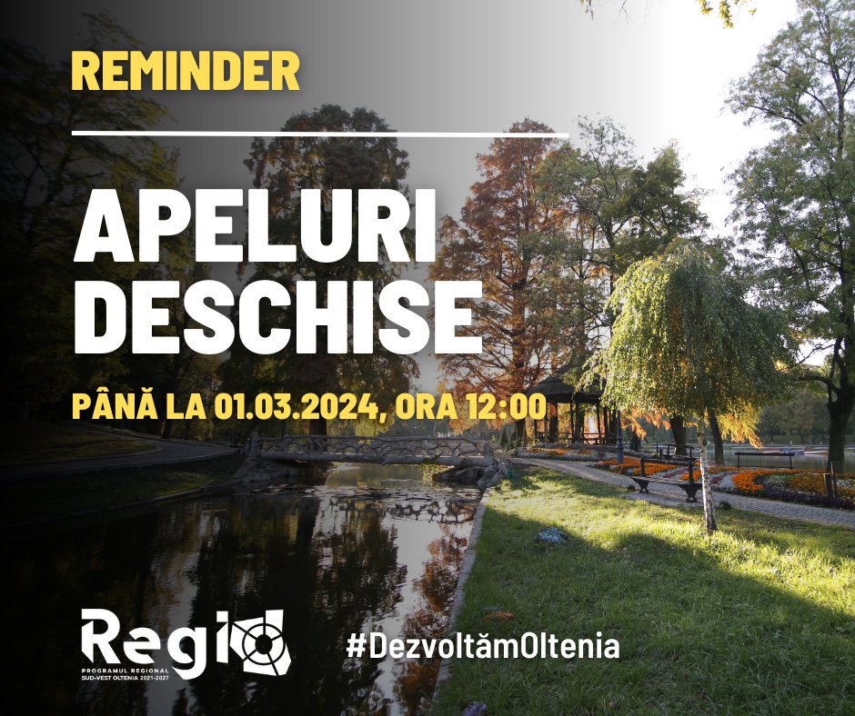 REMINDER! Încă mai puteți depune proiecte pentru investiții în infrastructura verde, prin Programul Regional Sud-Vest Oltenia! Apelurile sunt deschise până la data de 1 martie 2024, ora 12:00!
Detalii: facebook.com/adrsvoltenia/p…