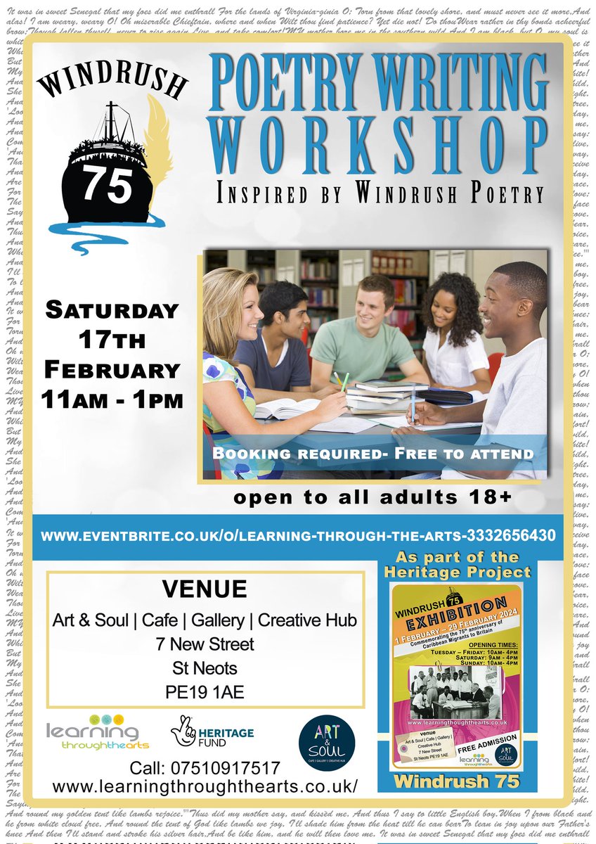 Exciting  poetry ✒️workshop ahead!

Book now!

eventbrite.co.uk/o/learning-thr…

#stneots #event #workshop
#poetry #learn #free #windrush #culture #weekend #history