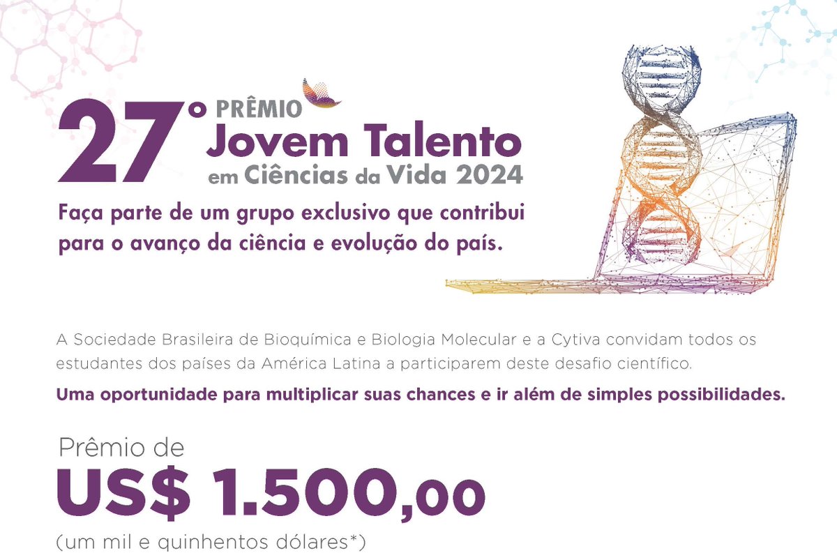 27 Prêmio Jovem Talento em Ciências da Vida
Inscrições prorrogadas até 20/02/2024
www2.sbbq.org.br/jovemtalento/e…