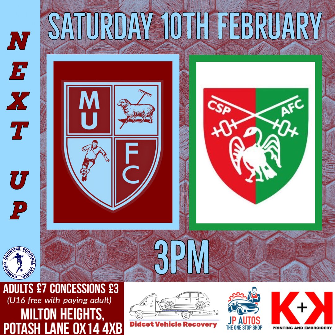 Next Up.
We host Chalfont St Peter this Saturday in the Combined Counties Premier North.
Kick off at The Heights is 3pm.
#UTM
*𝑷𝒍𝒆𝒂𝒔𝒆 𝒏𝒐𝒕𝒆; 𝑵𝒐𝒂𝒉 𝒂𝒏𝒅 𝒉𝒊𝒔 𝑨𝒓𝒌 𝒘𝒊𝒍𝒍 𝒃𝒆 𝒅𝒐𝒊𝒏𝒈 𝒂 𝟏𝟎𝒂𝒎 𝒑𝒊𝒕𝒄𝒉 𝒊𝒏𝒔𝒑𝒆𝒄𝒕𝒊𝒐𝒏 𝒐𝒏 𝑺𝒂𝒕𝒖𝒓𝒅𝒂𝒚.
