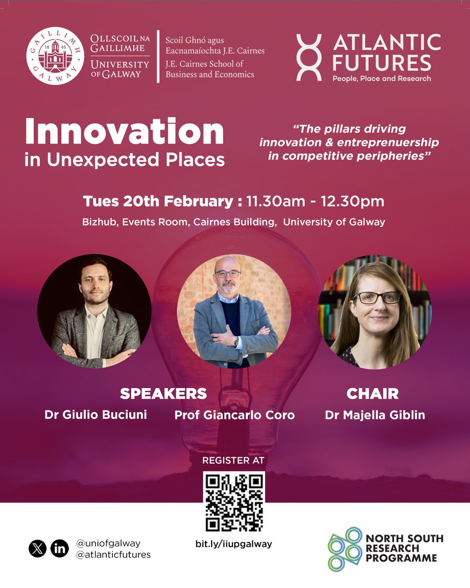 Innovation In Unexpected Places 💡

Join us on 20th Feb at <a href="/uniofgalway/">Ollscoil na Gaillimhe | University of Galway</a> <a href="/galwaycairnes/">UniversityofGalwayCairnes</a> for this thought-provoking seminar with Dr Giulio Buciuni (@buciunig) and Prof Giancarlo Coro (<a href="/corogian/">Giancarlo Corò</a>) to examine the reasons for the divergence between centres and peripheries, which