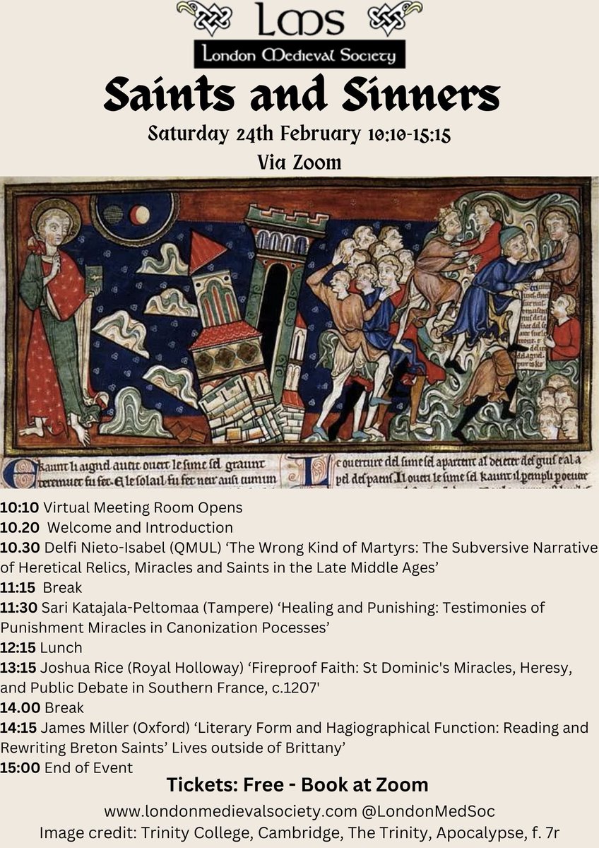 Very excited for our upcoming colloquium on Saints and Sinners in the Middle Ages - We hope to see lots of you on Zoom on Saturday 24 February! 

Register here:
qmul-ac-uk.zoom.us/meeting/regist…