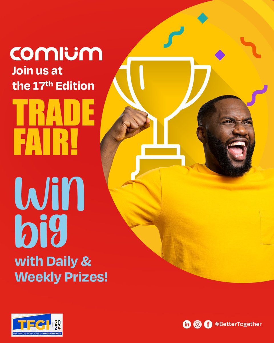 Join us at the 17th Edition Trade Fair from February 10th to March 10th, 2024 &amp; you could be a lucky winner of fantastic prizes! From daily giveaways to weekly prizes, + a chance to win the Grand Prize of D100,000! 
Don't miss out on the fun!
#comium #TheGambia #Tradefair