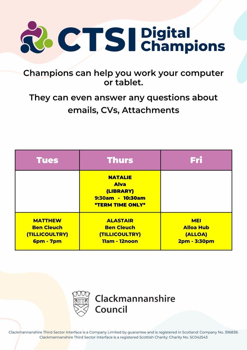 Need help with your phone, laptop or tablet? 💻

See our Digital Champions latest poster 👇

Please note Natalie &amp; Alastair aren't there next week due to school holidays.