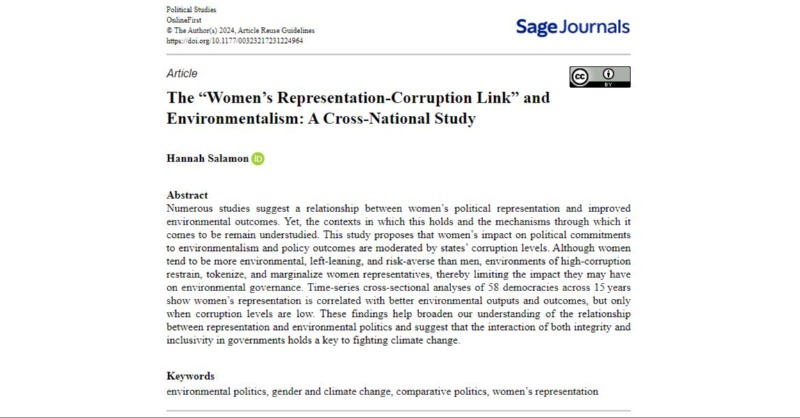 OPEN ACCESS: The “Women’s Representation-Corruption Link” and Environmentalism - @hannahpsalamon argues women’s rep is correlated with better environmental outputs, but only when corruption levels are low. In @PolStudies: journals.sagepub.com/doi/10.1177/00… @SAGECQPolitics @PolStudiesAssoc