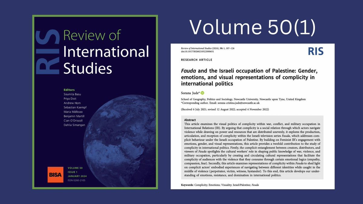 RIS (@risjnl) on Twitter photo "The examination of the cultural politics of complicity provokes new ways of thinking about accountability and justice in international politics."
Read <a href="/SoranaJude/">Sorana-Cristina Jude</a>'s new article in the latest issue on the Netflix show Fauda and Israel & Palestine ➡️ buff.ly/3wBbwYm "The examination of the cultural politics of complicity provokes new ways of thinking about accountability and justice in international politics."
Read <a href="/SoranaJude/">Sorana-Cristina Jude</a>'s new article in the latest issue on the Netflix show Fauda and Israel & Palestine ➡️ buff.ly/3wBbwYm