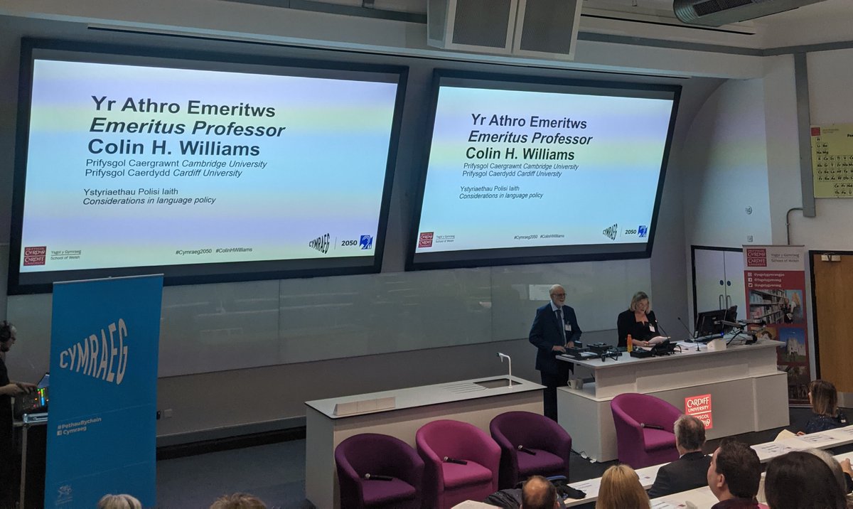Mererid and Ben are delighted to be representing the dept. today at the fantastic conference “Innovation and Good Practice in Language Policy”, celebrating the life and career of Professor Colin Williams, the great scholar of language revitalisation #Cymraeg2050  #ColinHWilliams