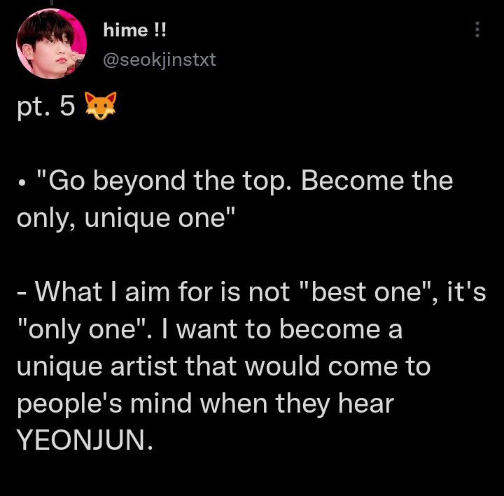 TXTUNOFFlClAL's tweet photo. yeonjun’s biggest goal and motto in life

“be the one and only” https://t.co/LLCjzq3LA5