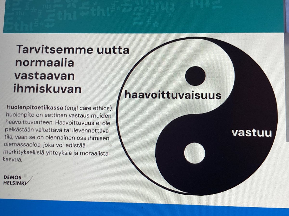 ”Yhteiskuntamme on huolenpitosiirtymässä. Huolenpidosta tulee uusi normaali. Haavoittuvuus on olennainen osa kaikkien ihmisten olemassaoloa”, sanoo Roope <a href="/mokka/">ً</a> <a href="/DemosHelsinki/">Demos Helsinki</a>. Uudessa normaalissa viisautta olisi nähdä myös #vammaiset henkilöt vastuunkantajina. <a href="/THLsosiaalityo/">THL Sosiaalityö</a>