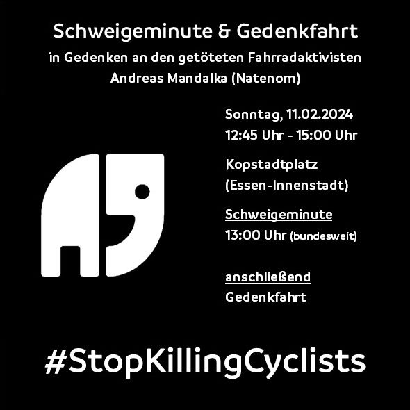 🖤 Wir trauern um #Natenom. Jahrelang hat er für die Sicherheit Radfahrender gekämpft.  Bitte beteiligt euch an der bundesweiten Schweigeminute! Postet Bilder und Videos und schaltet eure
<a href="/CriticalMaps/">Critical Maps</a> App ein. #StopKillingCyclists