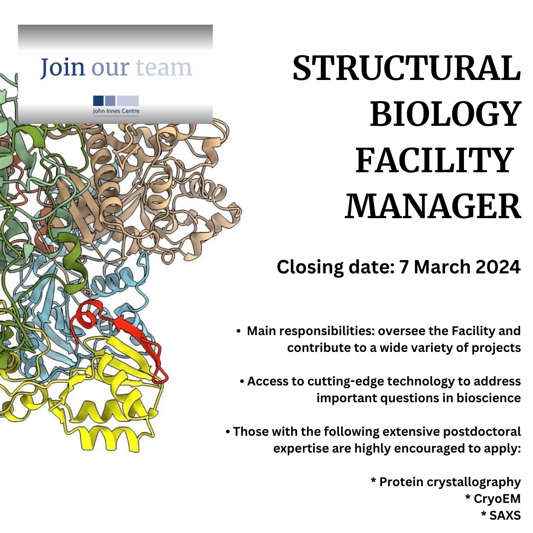 VACANCY - We have a unique opportunity for a Structural Biology Facility Manager to join us and support innovative science at the John Innes Centre

okt.to/ox5wrn

Closing date - 7 March 2024
Salary - £43,550 - £54,900
Contract - Indefinite, full-time

<a href="/NorwichResearch/">Norwich Research Park</a>
