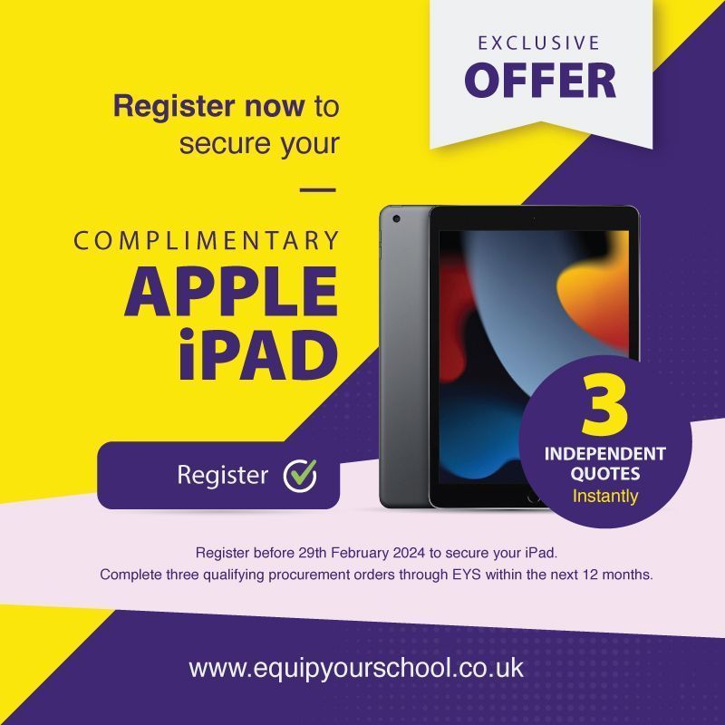 🎓 #Education Exclusive! 🌟 Secure your FREE iPad before Feb 29, 2024. 1️⃣ Register now! 2️⃣ Complete three EYS orders in the next 12 months. 3️⃣ Get your iPad on the third order! ⏰ Time's running out! Register at equipyourschool.co.uk 🚀 #Schools #Leasing #EducationOffer