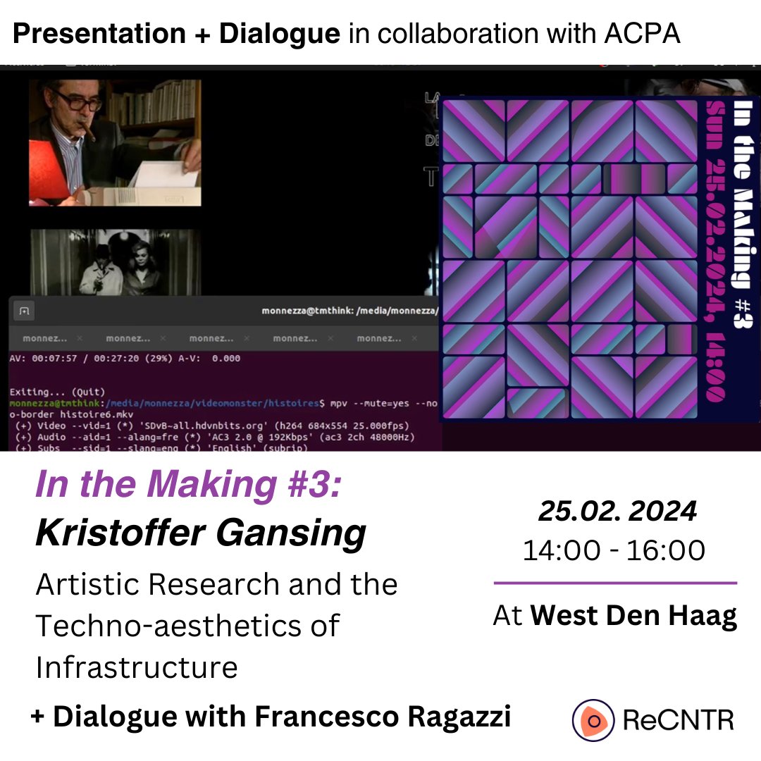 ReCNTR (@recntr) on Twitter photo With @ACPA_leiden and <a href="/westdenhaag/">West Den Haag</a> we're inviting Kristoffer Gansing to present his research on the shifting techno-aesthetics of moving images as infrastructure for (artistic) research, followed by a dialogue with Prof. Francesco Ragazzi <a href="/fragazzi/">Francesco Ragazzi</a>
recntr.nl/2024/02/in-the… With @ACPA_leiden and <a href="/westdenhaag/">West Den Haag</a> we're inviting Kristoffer Gansing to present his research on the shifting techno-aesthetics of moving images as infrastructure for (artistic) research, followed by a dialogue with Prof. Francesco Ragazzi <a href="/fragazzi/">Francesco Ragazzi</a>
recntr.nl/2024/02/in-the…