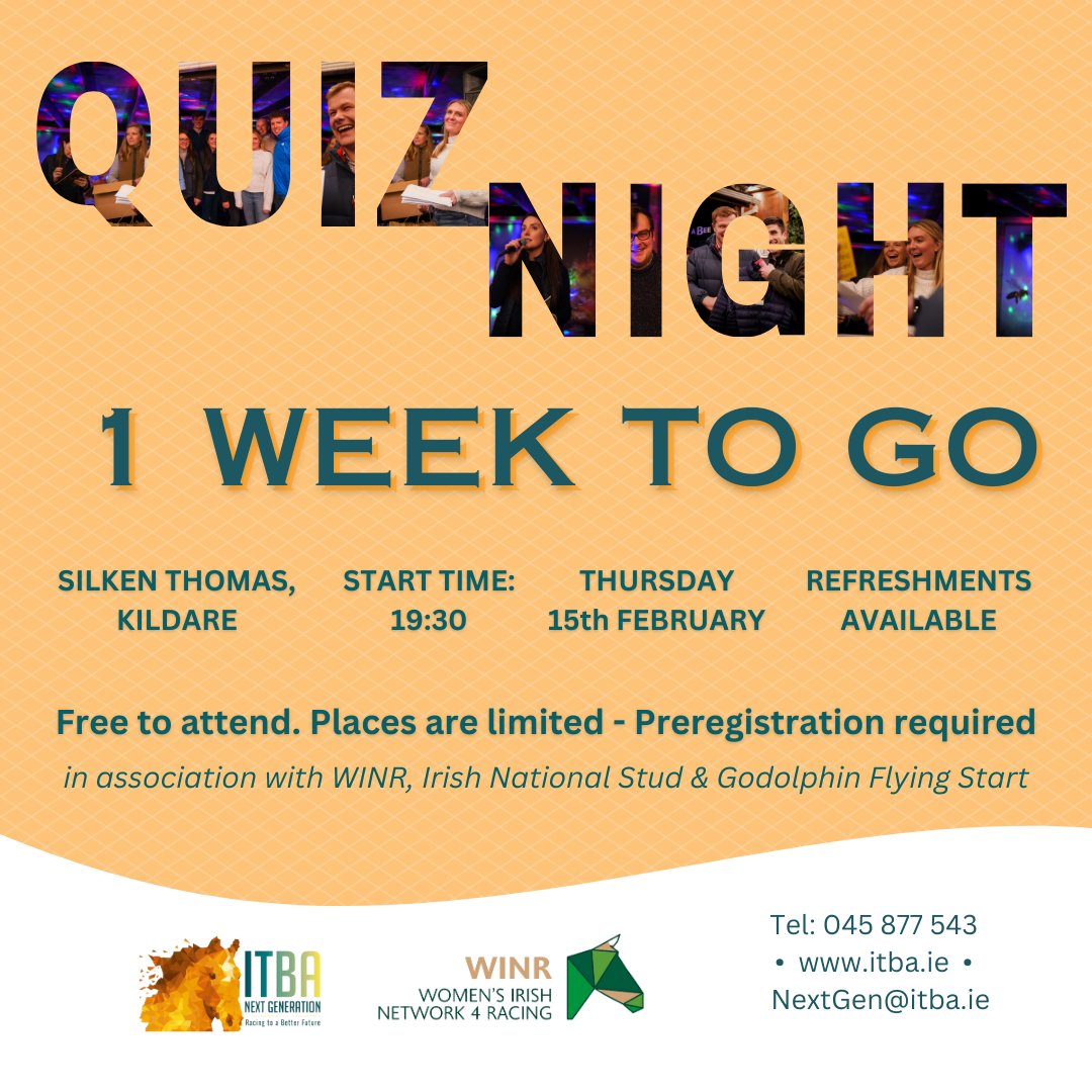 1⃣ week to go! 🗓️Thurs 15 Feb, 7:30pm 📍Silken Thomas, Kildare Join #ITBANextGen & @WINforRacing for a fun-filled evening of trivia with charity raffle on the night FREE to attend, Register here: shorturl.at/tuyHO #QuizNight #SilkenThomas #TriviaTime