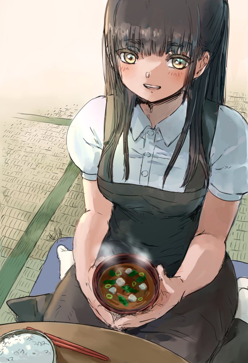 1girl solo sitting rice long hair bowl food  illustration images