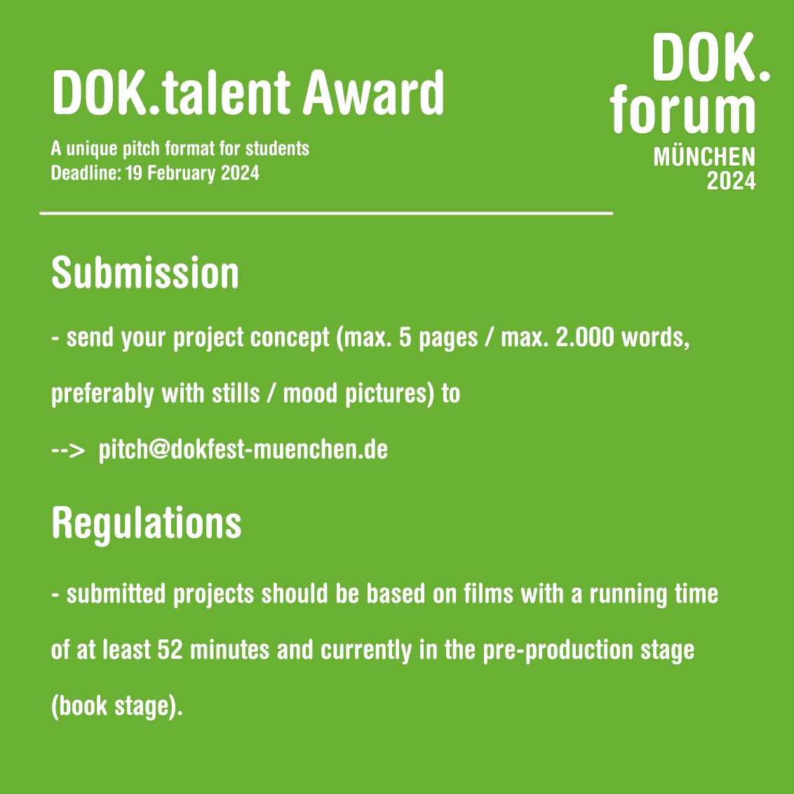 Calling all students of our partner universities! Submit your project now for the DOK.talent Award pitch Award! 🚀 Mo, Feb 12, an info Q&A will take place! Log-in via Zoom link on 👉dokfest-muenchen.de/DOKtalentAward Big thank you to our award sponsor Neue Deutsche Filmgesellschaft!