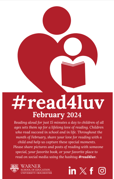February is #read4luv Please share pictures and posts of reading with someone special, your favorite book, or your favorite place to read on social media using the hashtag #read4luv. <a href="/ComCy521/">Carol St. George</a> <a href="/nysreading/">NYSRA</a>