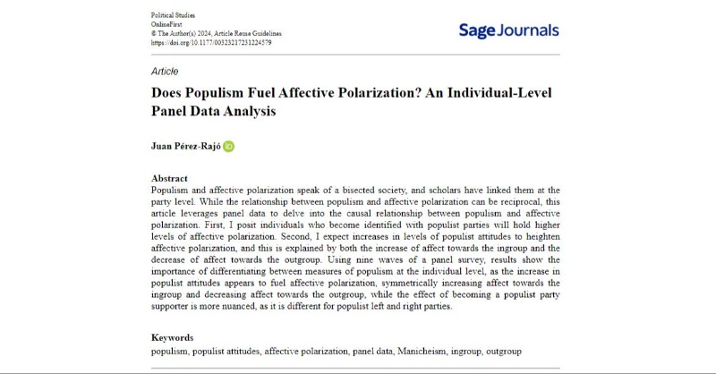 Political Studies (@polstudies) on Twitter photo Does populism fuel affective polarization? <a href="/JuanPerezRajo/">Juan Pérez Rajó</a> analyses panel data to examine the causal relationship between populism and affective polarization. Read in <a href="/PolStudies/">Political Studies</a>: journals.sagepub.com/doi/10.1177/00…
@SAGECQPolitics <a href="/PolStudiesAssoc/">Political Studies Association</a> #Manicheism #polsci Does populism fuel affective polarization? <a href="/JuanPerezRajo/">Juan Pérez Rajó</a> analyses panel data to examine the causal relationship between populism and affective polarization. Read in <a href="/PolStudies/">Political Studies</a>: journals.sagepub.com/doi/10.1177/00…
@SAGECQPolitics <a href="/PolStudiesAssoc/">Political Studies Association</a> #Manicheism #polsci