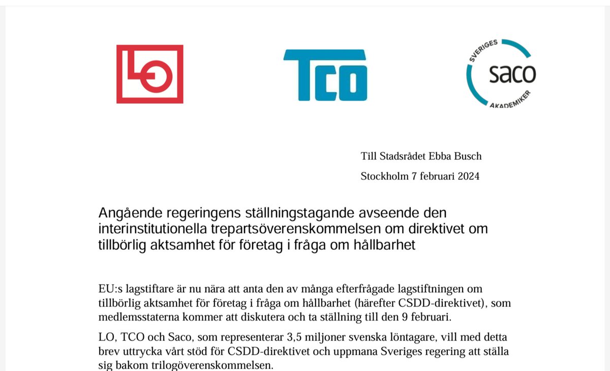 Ingenjorerna's tweet image. .@Akademikerna, @TCOSverige och @LOSverige uppmanar Sveriges regering att ställa sig bakom EU-förslaget #CSDD.
Direktivet visar att medlemsstaterna menar allvar med att mänskliga rättigheter inte är utbytbara och att arbetstagare inte är en handelsvara.
tco.se/fakta-och-poli…