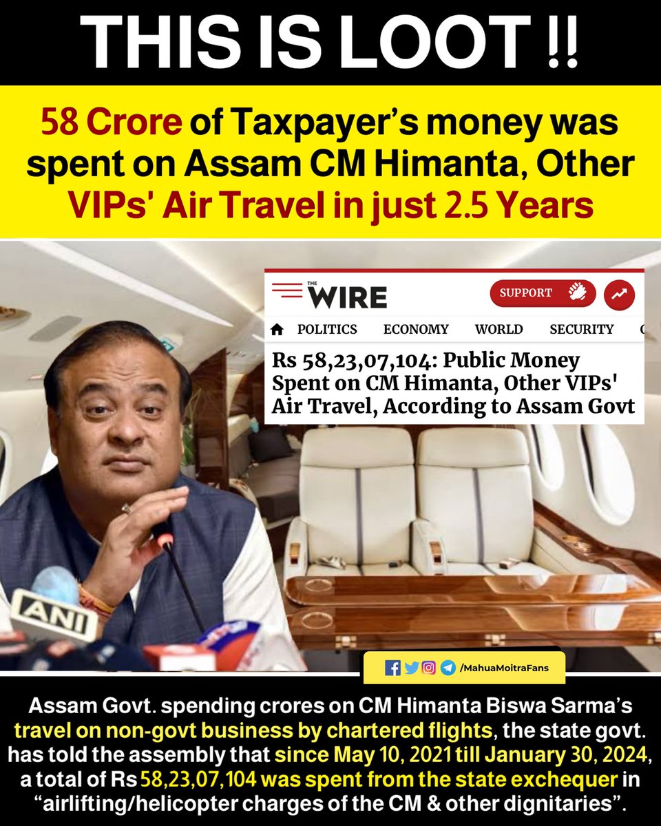 MahuaMoitraFans's tweet photo. More than 58 Crore of Taxpayers money was spent for Non-Govt. Business travel by CM @himantabiswa in just 2.5 years.

In luxury travel, looks like he has already surpassed PM Modi. 

MEDIA ARE YOU THERE?? https://t.co/96y2oylV0G