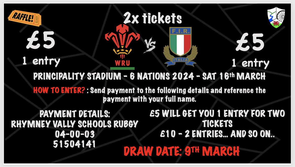 🎟️‼️6 NATIONS RAFFLE NOW LIVE‼️🎟️ WIN TICKETS TO WATCH CYMRU 🏴󠁧󠁢󠁷󠁬󠁳󠁿 PLAY ITALY 🇮🇹 AT THE PRINCIPALITY STADIUM🏉 ALL DETAILS BELOW ⬇️⬇️⬇️⬇️⬇️⬇️⬇️