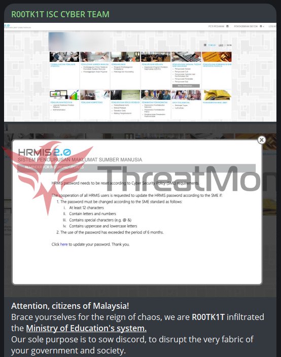 MonThreat's tweet photo. 🇲🇾 #Malaysia Ministry of Education is Targeted

R00TK1T claims to have hacked the Malaysian Ministry of Education and captured sensitive data. The sensitive data in question consists of name/surname, ID, and password.

#MinistryofEducation #Hacked #ThreatIntelligence https://t.co/Un8fcXI2Tb