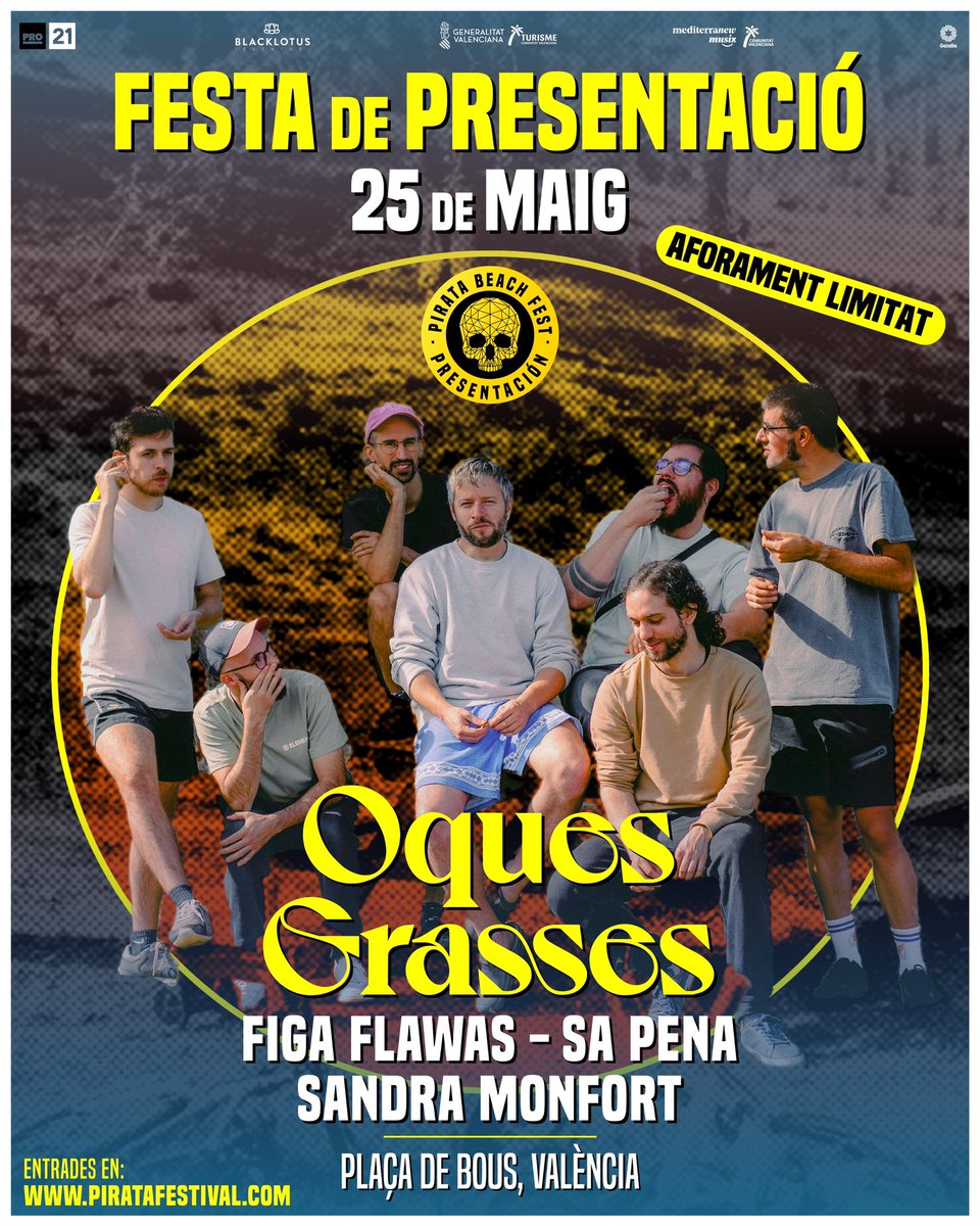 FESTA DE PRESENTACIÓ - OQUES GRASSES en la plaça de bous de VALÈNCIA!🏴‍☠️🔥

Tornen a València per a la presentació del seu nou disc, les Oques Grasses!Per a aquest dia també comptarem amb Figa Flawas, Sandra Monfort i Sa Pena!

🎟️Entrades ja a la venda en piratafestival.com